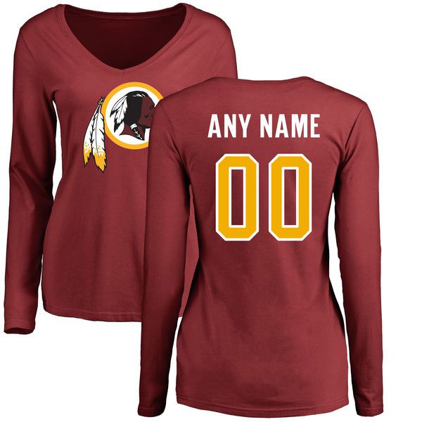 Women Washington Redskins NFL Pro Line Maroon Custom Name and Number Logo Slim Fit Long Sleeve T-Shirt->nfl t-shirts->Sports Accessory